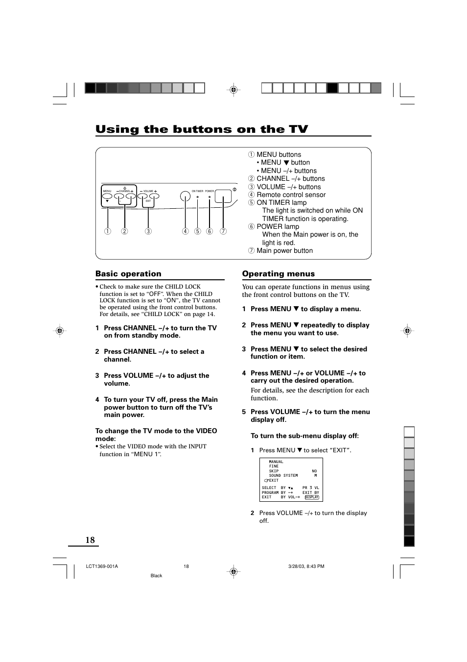 Using the buttons on the tv, Basic operation, Operating menus | JVC AV-16KG11 User Manual | Page 18 / 20