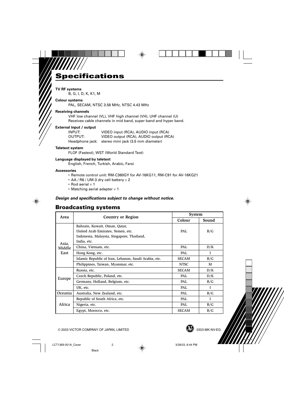 Specifications, Broadcasting systems | JVC AV-16KG11 User Manual | Page 20 / 20
