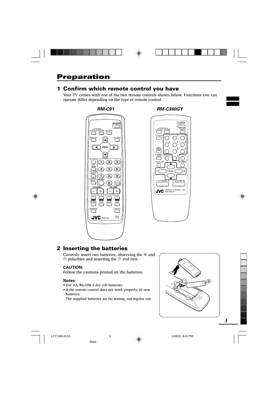 Preparation, 1 confirm which remote control you have, 2 inserting the batteries | JVC AV-16KG11 User Manual | Page 3 / 20