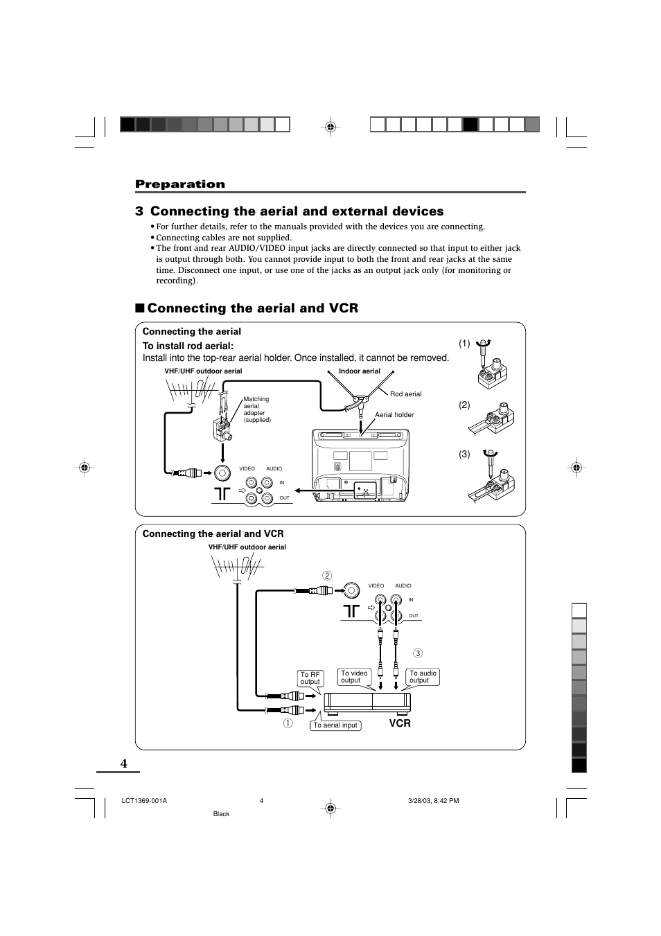 3 connecting the aerial and external devices, Connecting the aerial and vcr, Preparation | JVC AV-16KG11 User Manual | Page 4 / 20
