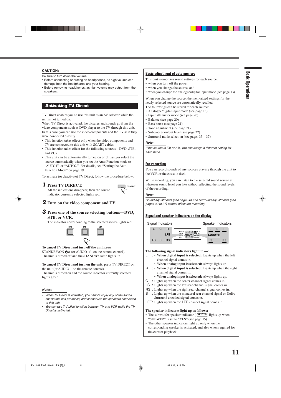 Basic operations, Activating tv direct, Press tv direct | Turn on the video component and tv | JVC LVT0858-001A User Manual | Page 15 / 51