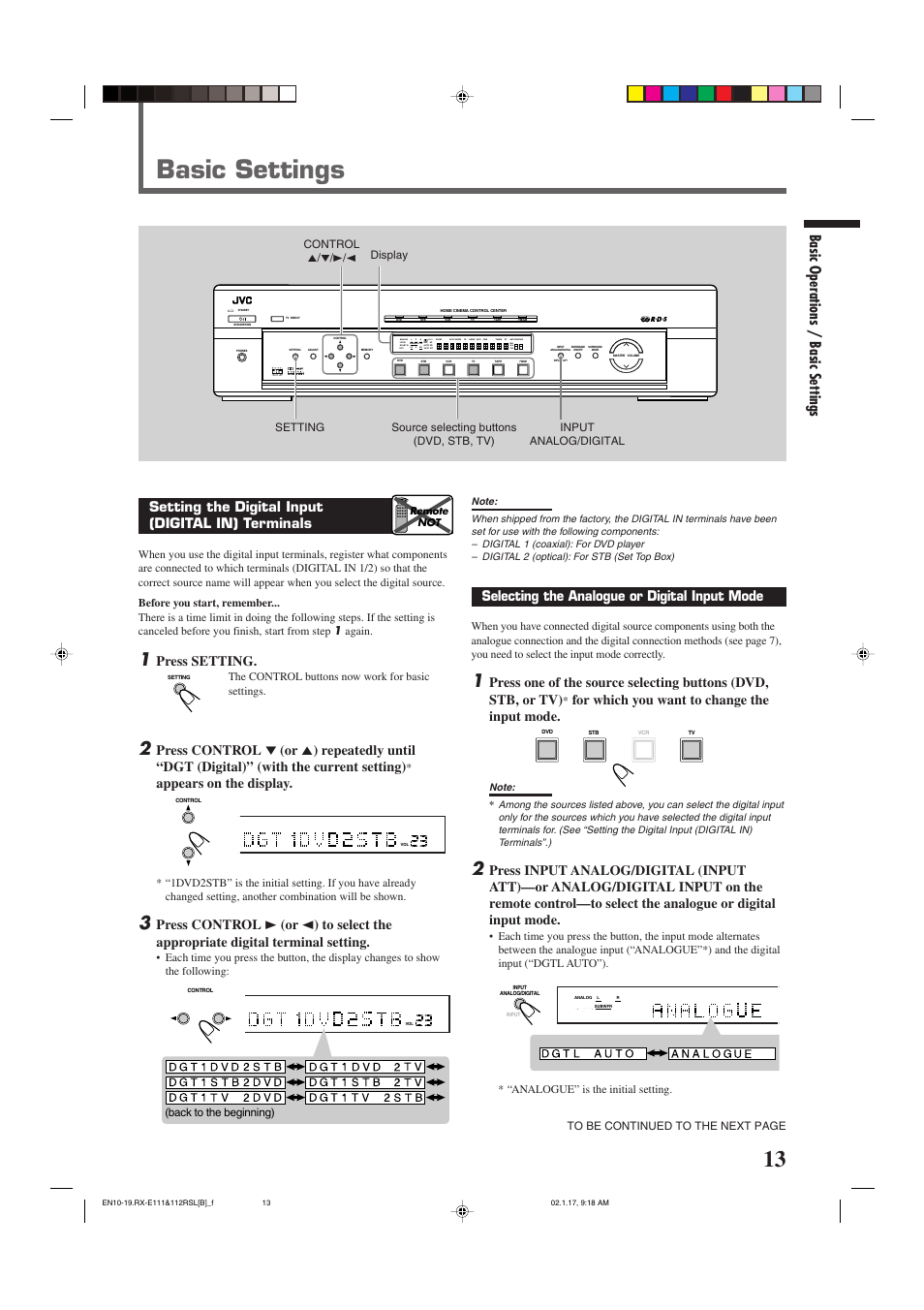 Basic settings, Basic operations / basic settings, Setting the digital input (digital in) terminals | Press setting, Appears on the display, Selecting the analogue or digital input mode, For which you want to change the input mode, The control buttons now work for basic settings, Back to the beginning), Control 5/∞/3/2 display | JVC LVT0858-001A User Manual | Page 17 / 51