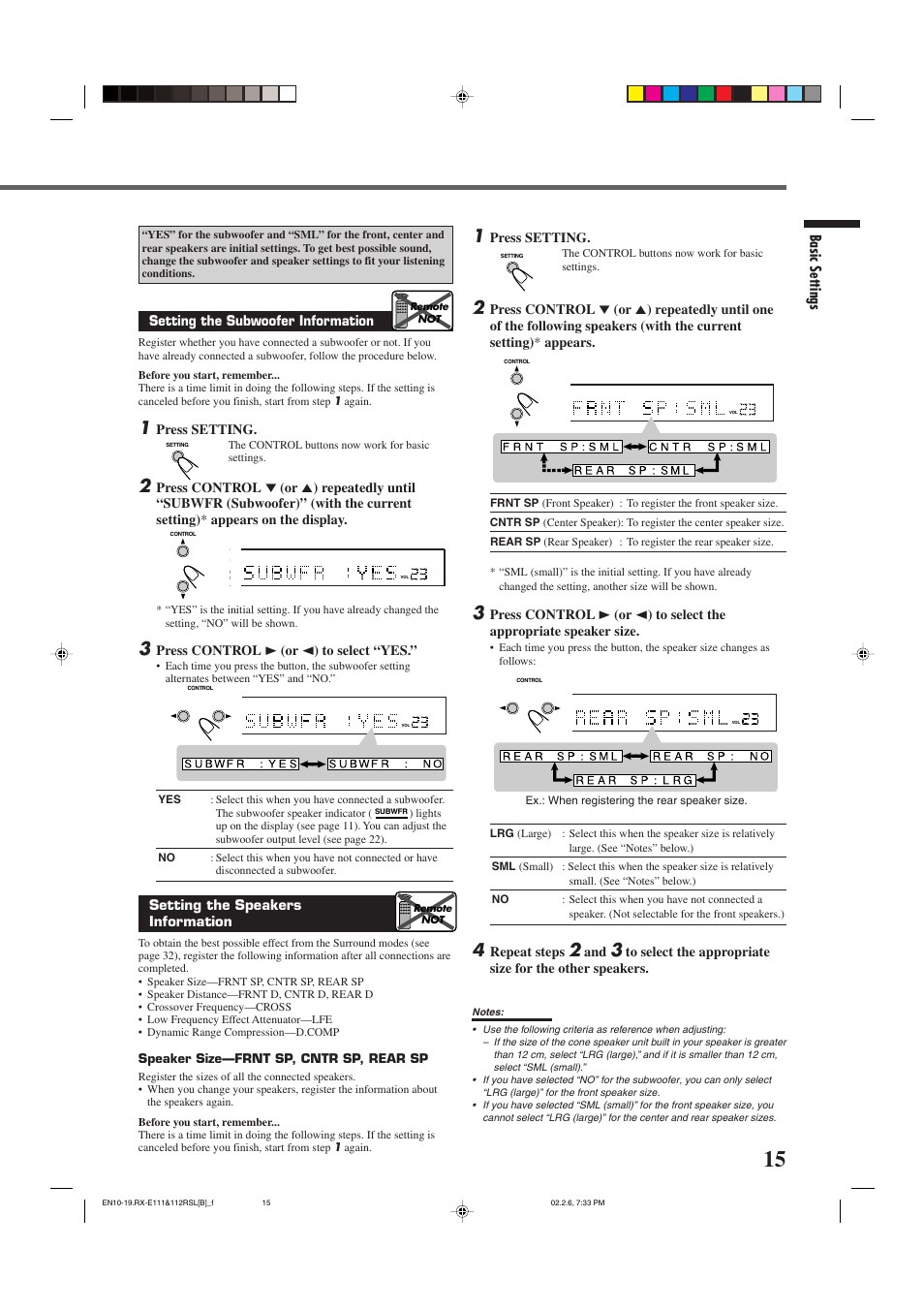 Basic settings, Press setting, Repeat steps | Setting the subwoofer information, Press control 3 (or 2 ) to select “yes, Setting the speakers information, Speaker size—frnt sp, cntr sp, rear sp | JVC LVT0858-001A User Manual | Page 19 / 51