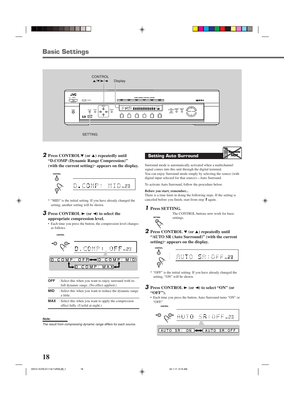 Basic settings, Setting auto surround, Press setting | Appears on the display, Press control 3 (or 2 ) to select “on” (or “off”), The control buttons now work for basic settings, Control 5/∞/3/2 display setting, Remote not | JVC LVT0858-001A User Manual | Page 22 / 51