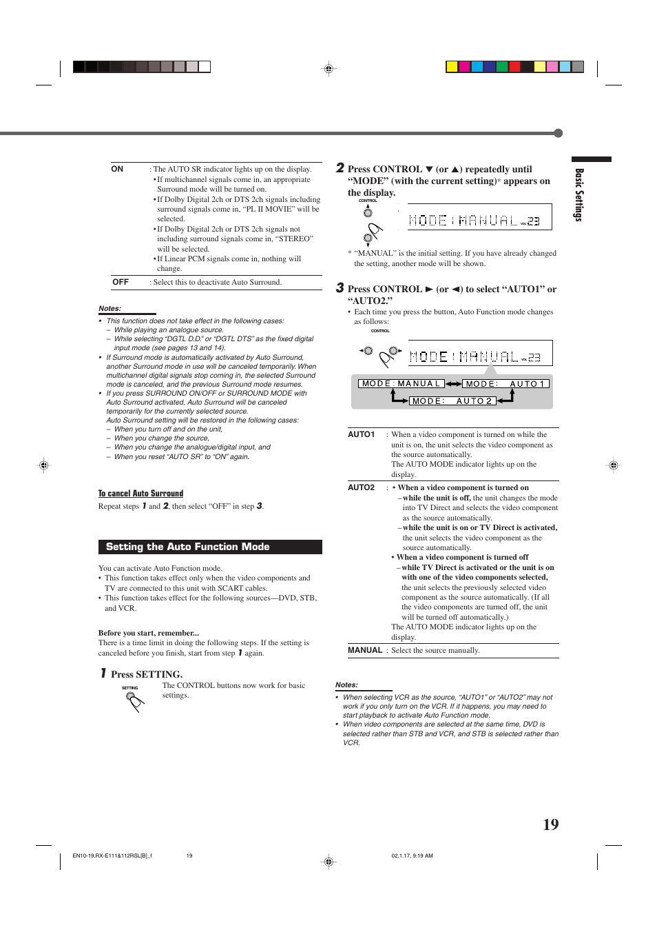 Basic settings, Appears on the display, Setting the auto function mode | Press setting | JVC LVT0858-001A User Manual | Page 23 / 51