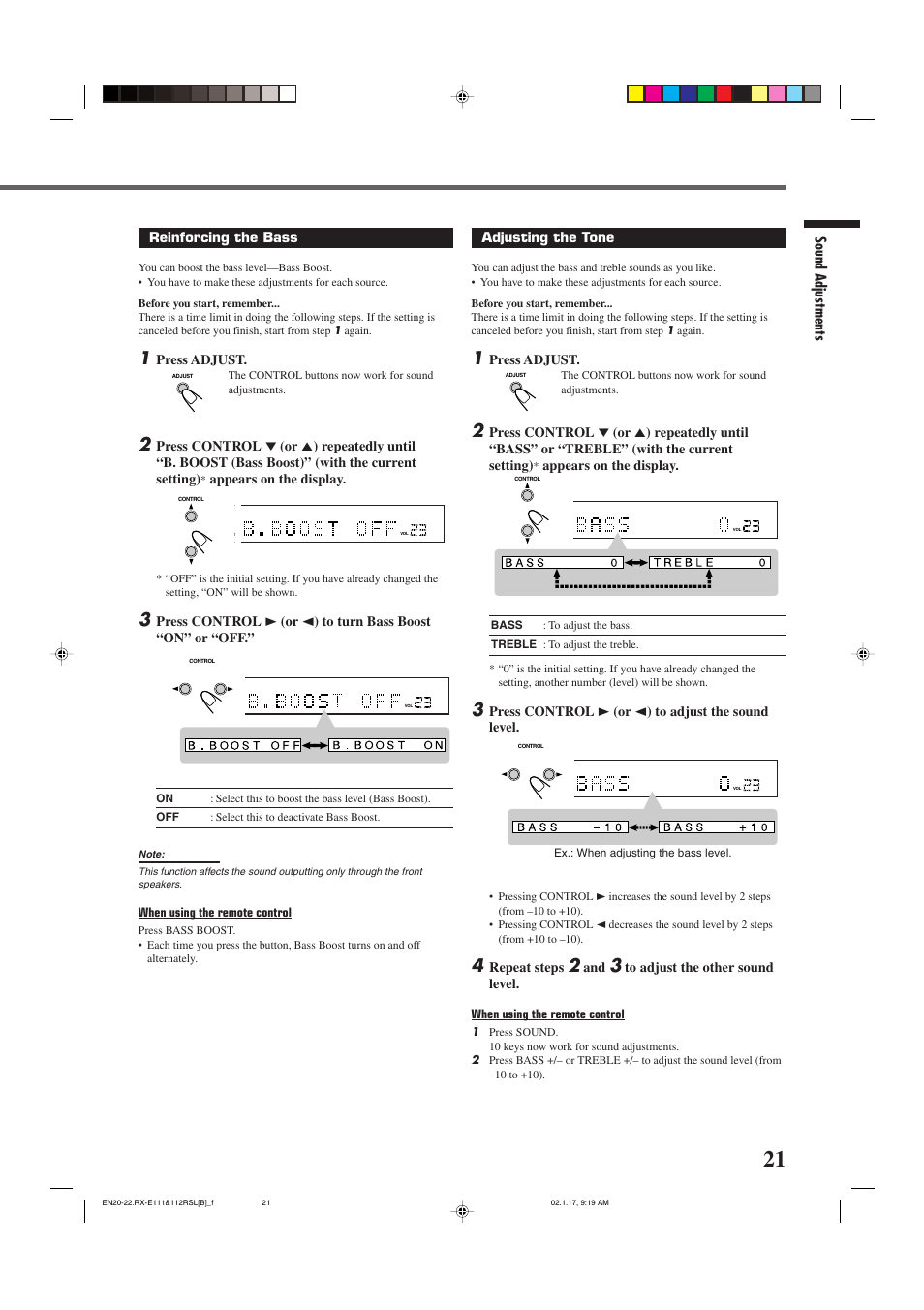 Sound adjustments, Adjusting the tone, Press adjust | Appears on the display, Press control 3 (or 2 ) to adjust the sound level, Repeat steps, Reinforcing the bass, When using the remote control | JVC LVT0858-001A User Manual | Page 25 / 51
