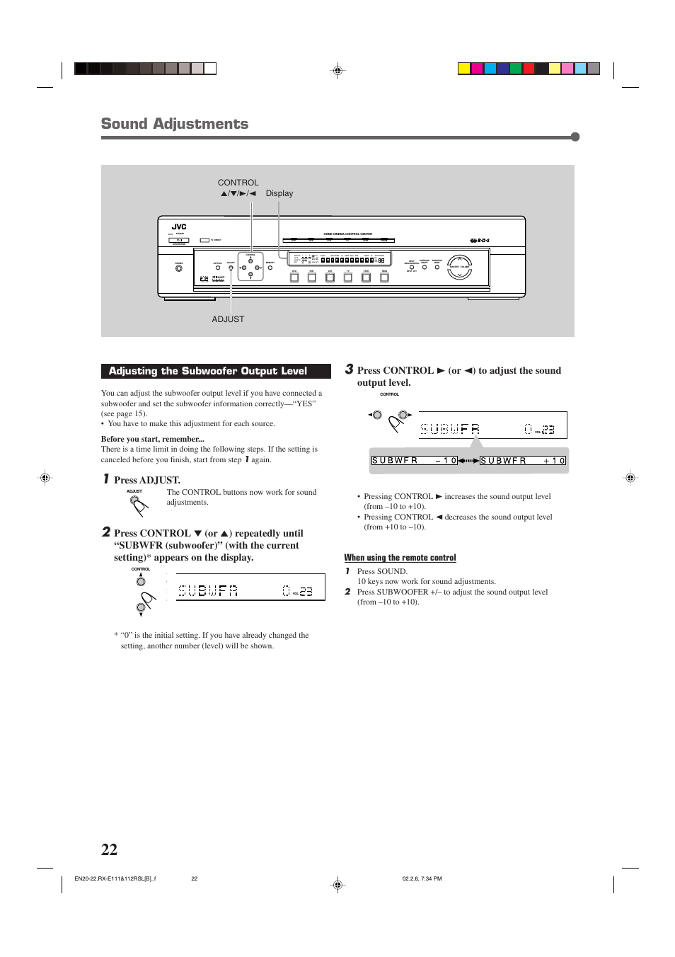 Sound adjustments, Adjusting the subwoofer output level, Press adjust | When using the remote control, The control buttons now work for sound adjustments, Adjust display control 5/∞/3/2 | JVC LVT0858-001A User Manual | Page 26 / 51