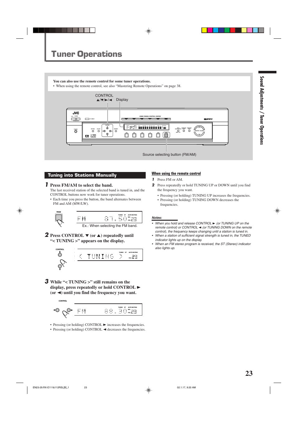 Tuner operations, Sound adjustments / t uner operations, Tuning into stations manually | Press fm/am to select the band, When using the remote control | JVC LVT0858-001A User Manual | Page 27 / 51