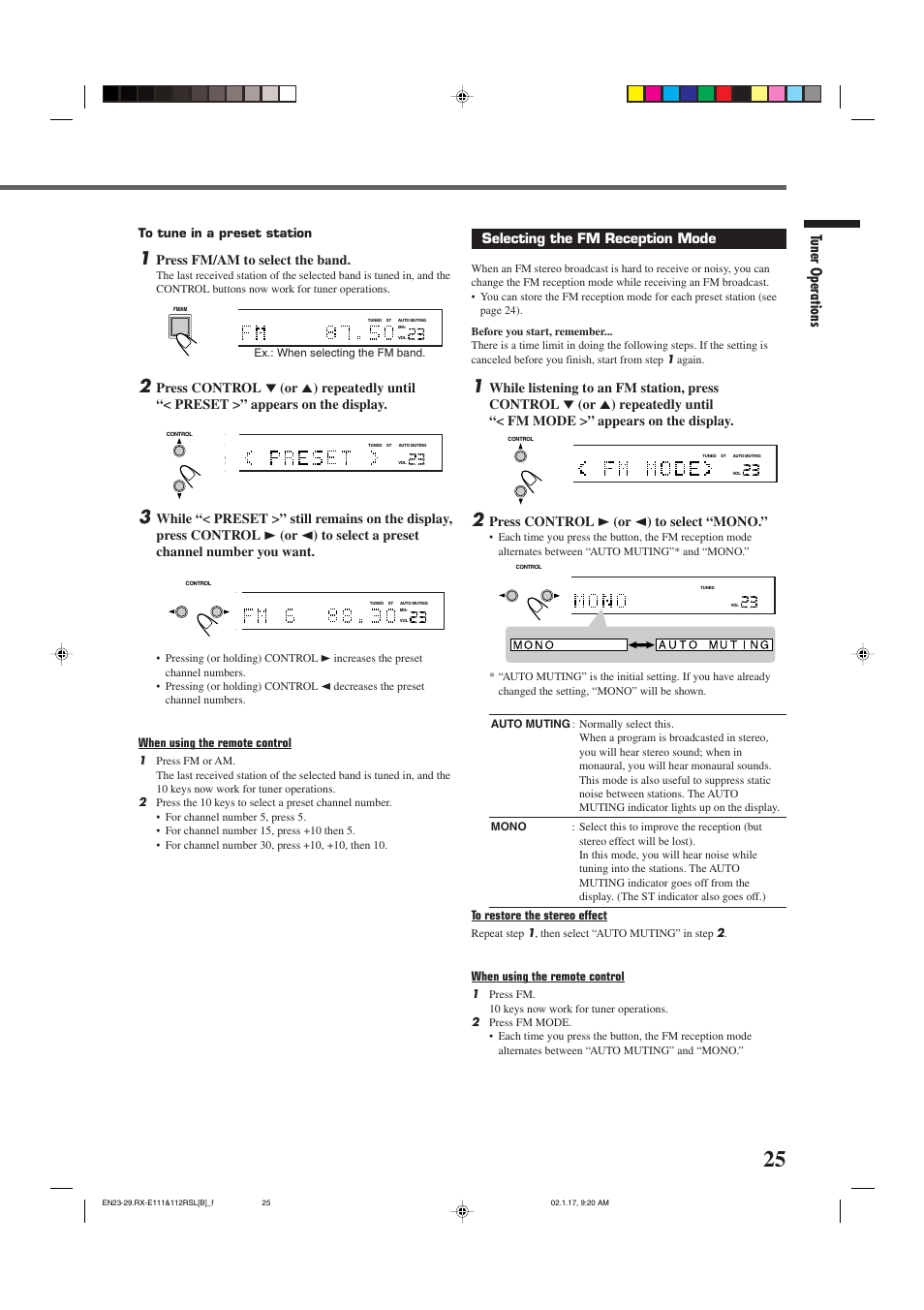 Tuner operations, Selecting the fm reception mode, Appears on the display | Press control 3 (or 2 ) to select “mono, Press fm/am to select the band, When using the remote control | JVC LVT0858-001A User Manual | Page 29 / 51