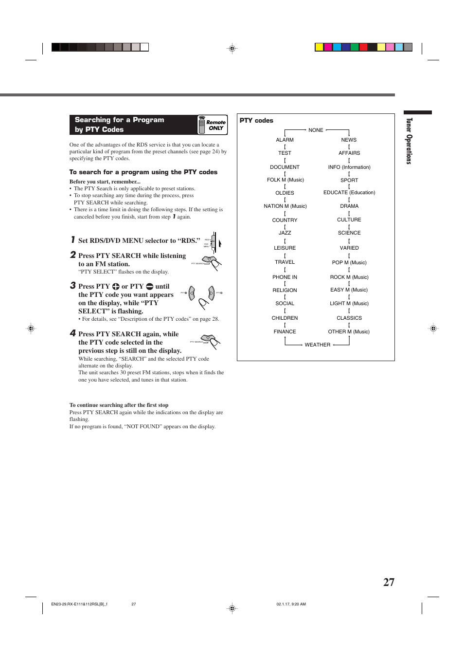 Tuner operations, Searching for a program by pty codes, Set rds/dvd menu selector to “rds | Press pty search while listening to an fm station | JVC LVT0858-001A User Manual | Page 31 / 51