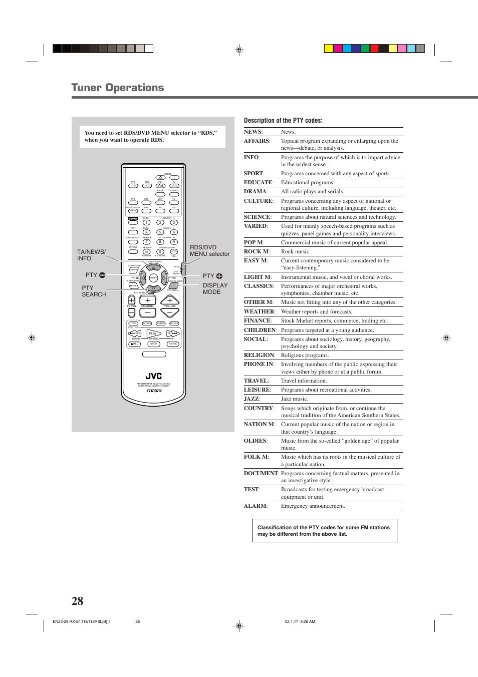 Tuner operations, Description of the pty codes | JVC LVT0858-001A User Manual | Page 32 / 51