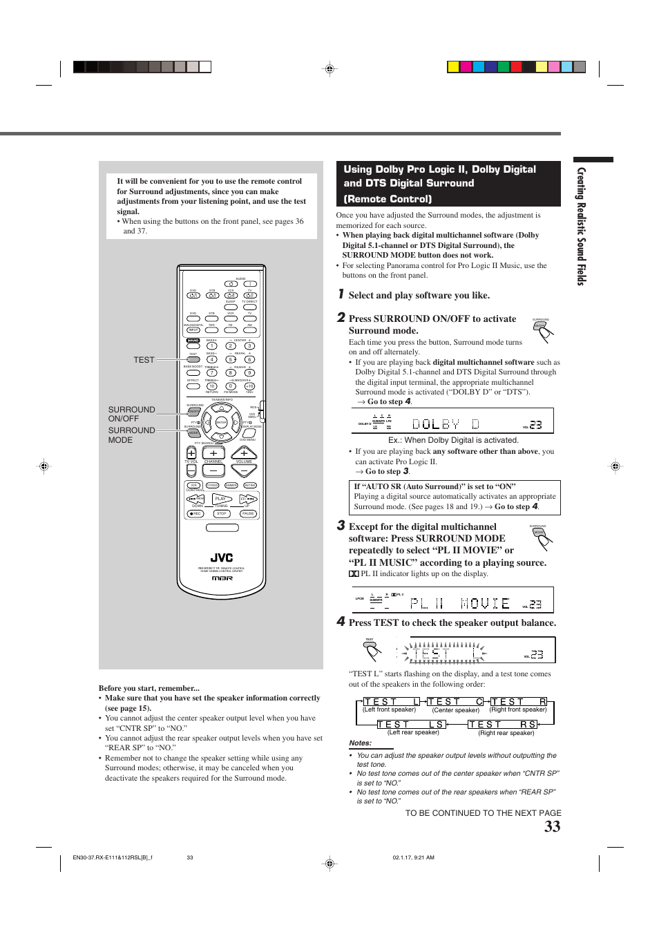 Creating realistic sound fields, Select and play software you like, Press surround on/off to activate surround mode | Press test to check the speaker output balance, Surround mode surround on/off, Pl ii indicator lights up on the display, Ex.: when dolby digital is activated, Test | JVC LVT0858-001A User Manual | Page 37 / 51