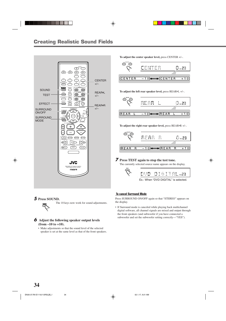 Creating realistic sound fields, Press sound, Press test again to stop the test tone | Effect center +/– rear•l +/– surround on/off, Surround mode, The 10 keys now work for sound adjustments, Sound test rear•r | JVC LVT0858-001A User Manual | Page 38 / 51