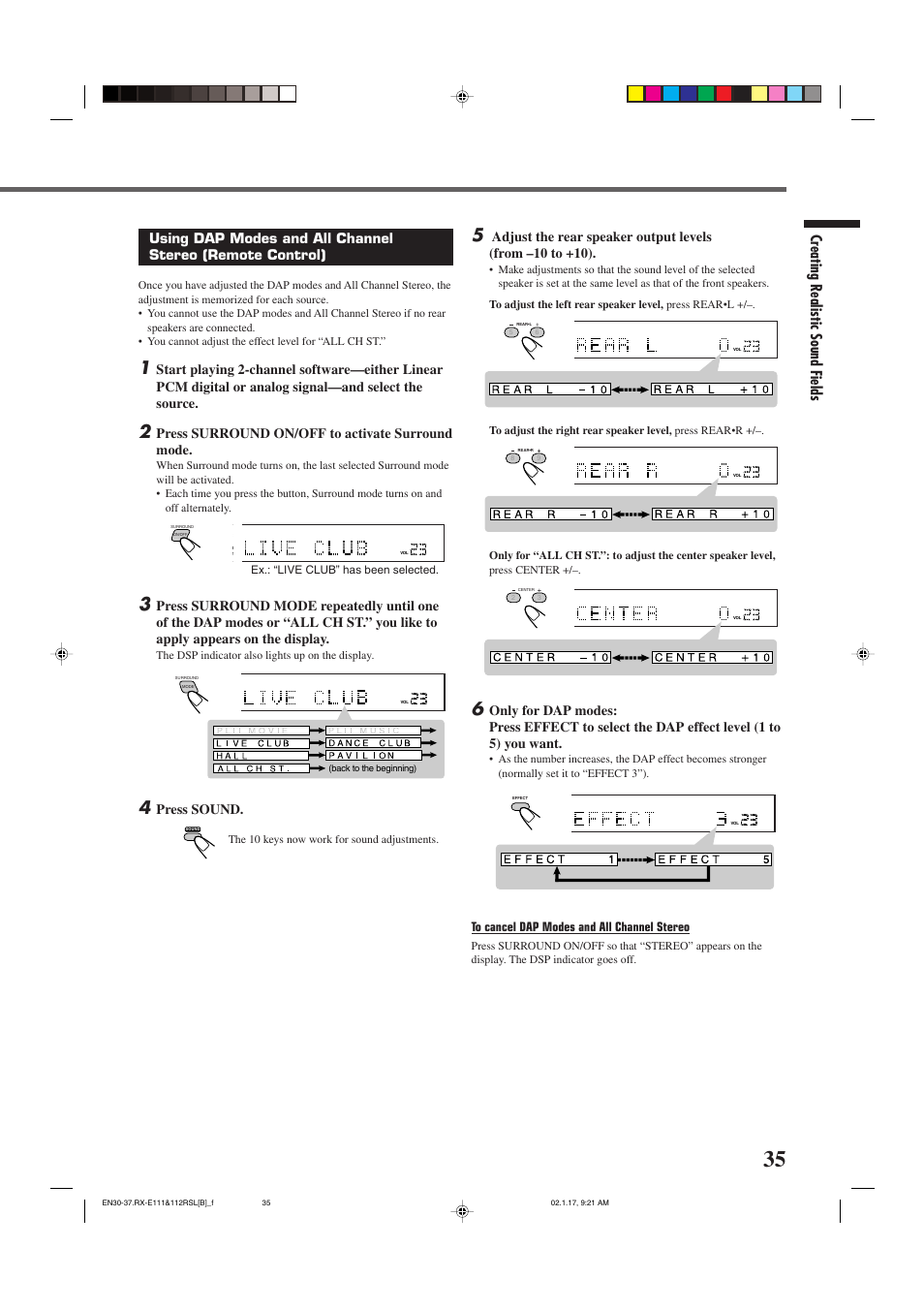 Creating realistic sound fields, Press surround on/off to activate surround mode, Press sound | The dsp indicator also lights up on the display, The 10 keys now work for sound adjustments, Ex.: “live club” has been selected | JVC LVT0858-001A User Manual | Page 39 / 51