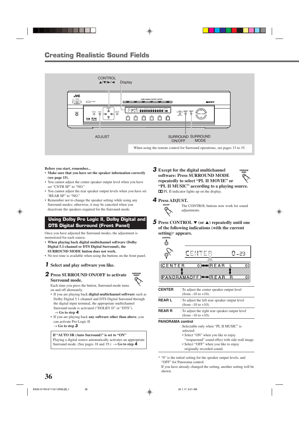 Creating realistic sound fields, Select and play software you like, Press surround on/off to activate surround mode | Press adjust, Appears, Pl ii indicator lights up on the display, The control buttons now work for sound adjustments | JVC LVT0858-001A User Manual | Page 40 / 51
