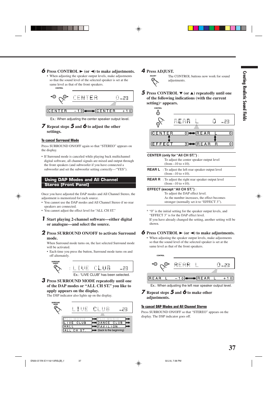 Creating realistic sound fields, Press control 3 (or 2 ) to make adjustments, Repeat steps | Press surround on/off to activate surround mode, Press adjust, Appears | JVC LVT0858-001A User Manual | Page 41 / 51