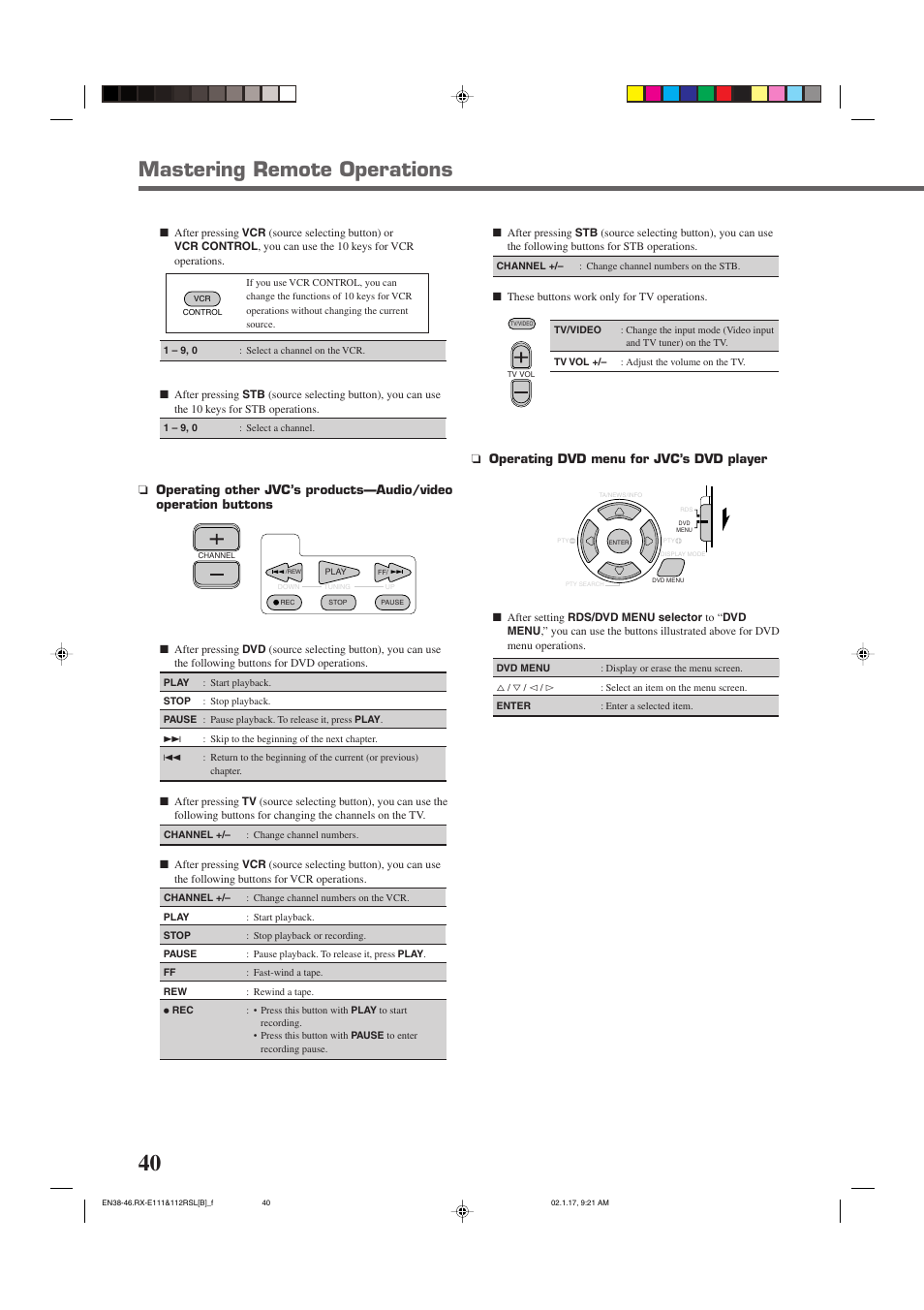 Mastering remote operations, Operating dvd menu for jvc’s dvd player | JVC LVT0858-001A User Manual | Page 44 / 51