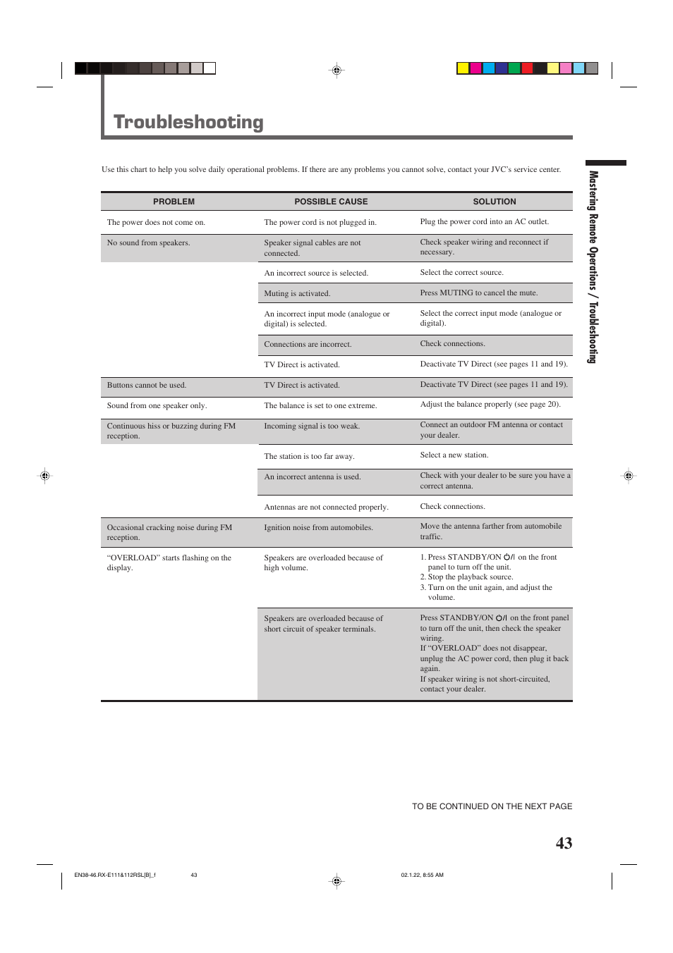 Troubleshooting, Mastering remote operations / t roubleshooting | JVC LVT0858-001A User Manual | Page 47 / 51