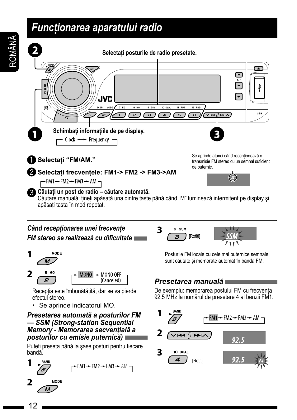 Func#ionarea aparatului radio, When an fm stereo broadcast is hard to receive 1 2, Manual presetting | JVC KD-DV7301 User Manual | Page 12 / 63