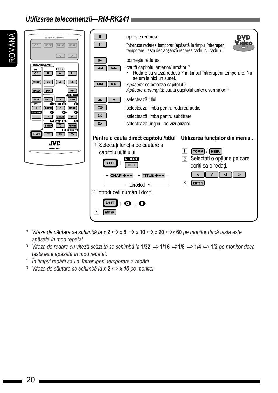 Ro m â n, En g l is h, Utilizarea telecomenzii—rm-rk241 | JVC KD-DV7301 User Manual | Page 20 / 63