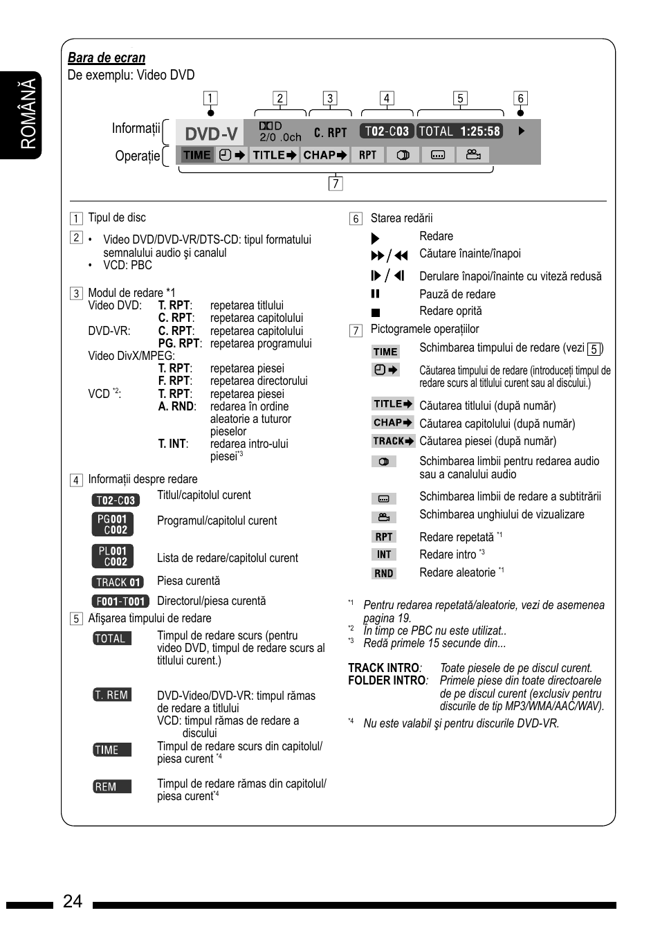 Ro m â n, En g l is h, How to reset your unit | How to forcibly eject a disc, En g l is h 24, Caution on volume setting, Important for laser products, Warning, On-screen bar | JVC KD-DV7301 User Manual | Page 24 / 63