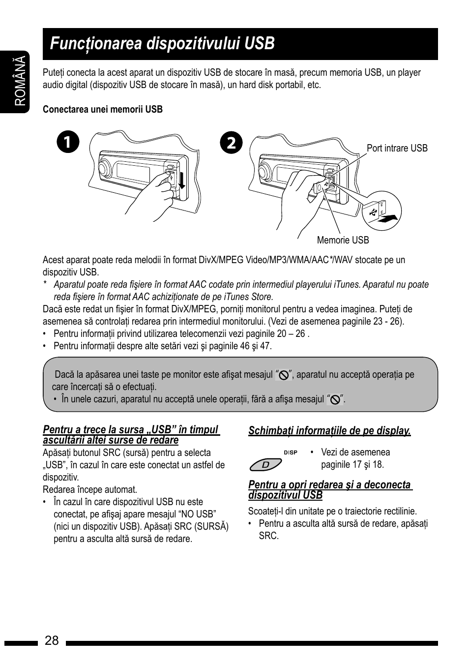 Listening to the usb device, Disc operations, Func#ionarea dispozitivului usb | Ro m â n | JVC KD-DV7301 User Manual | Page 28 / 63