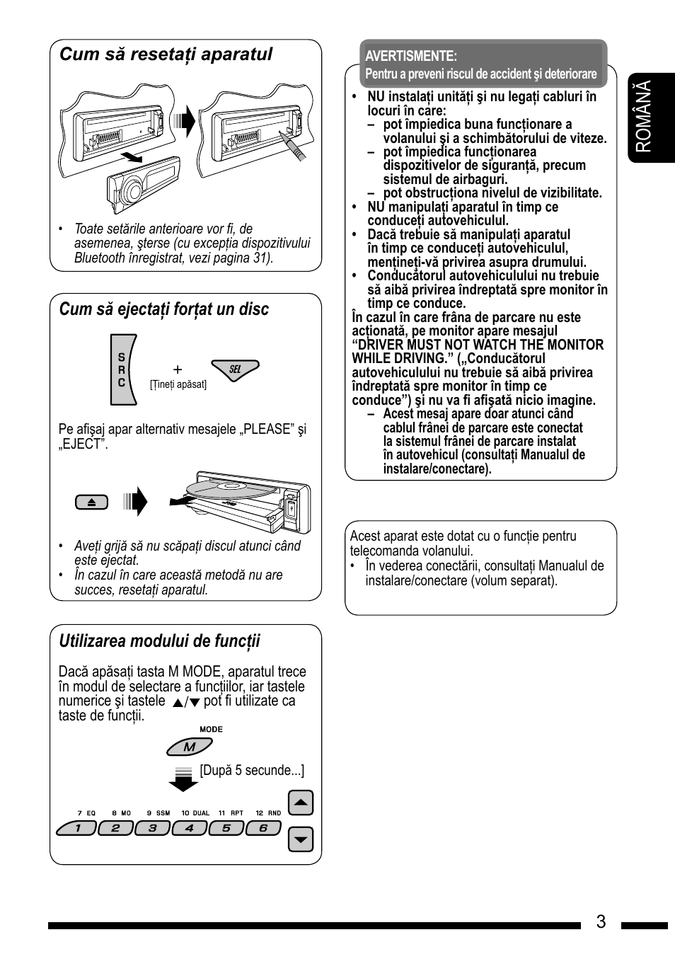 Ro m â n, En g l is h, How to reset your unit | How to forcibly eject a disc, How to use functions mode | JVC KD-DV7301 User Manual | Page 3 / 63