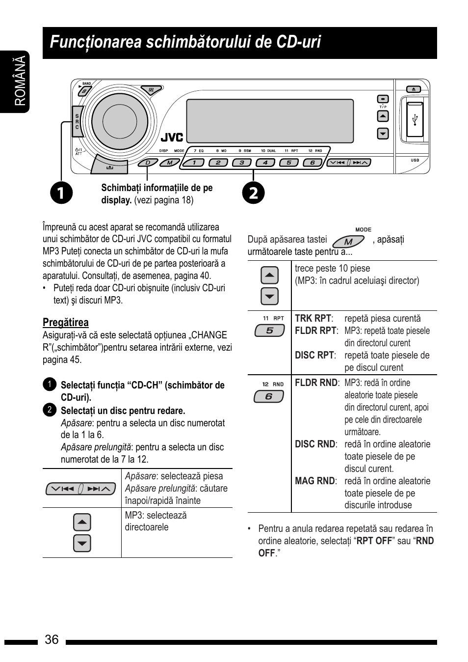 Listening to the cd changer, Func#ionarea schimb"torului de cd-uri, Ro m â n | En g l is h, How to reset your unit, How to forcibly eject a disc, En g l is h 36 | JVC KD-DV7301 User Manual | Page 36 / 63