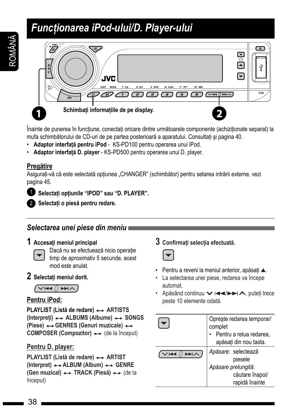 Listening to the ipod / d. player, Func#ionarea ipod-ului/d. player-ului, Selecting a track from the menu | Ro m â n, En g l is h, How to reset your unit, How to forcibly eject a disc, En g l is h 38 | JVC KD-DV7301 User Manual | Page 38 / 63