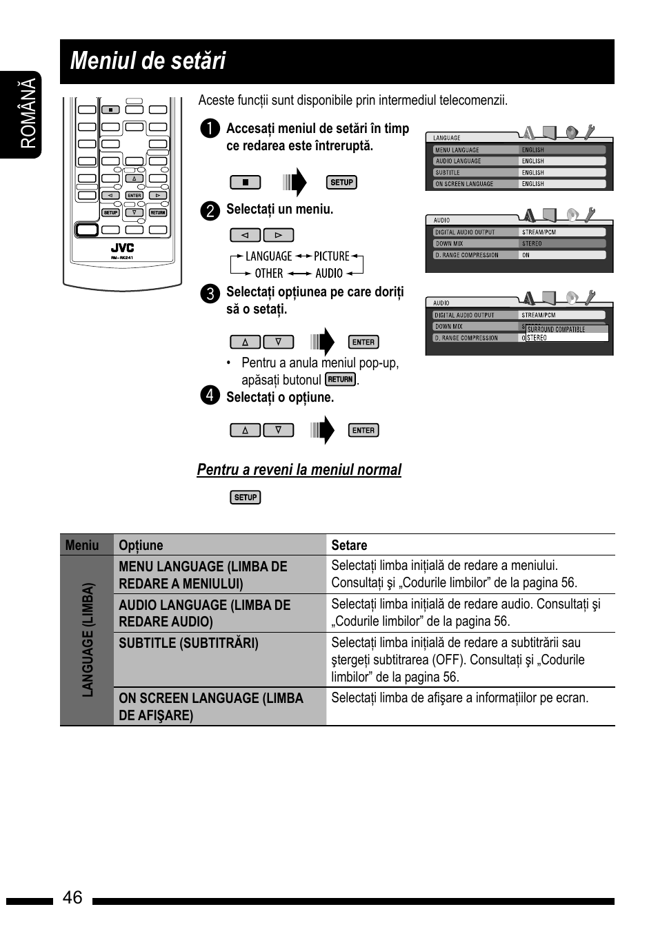 Setup menu, Meniul de set"ri, Ro m â n | JVC KD-DV7301 User Manual | Page 46 / 63