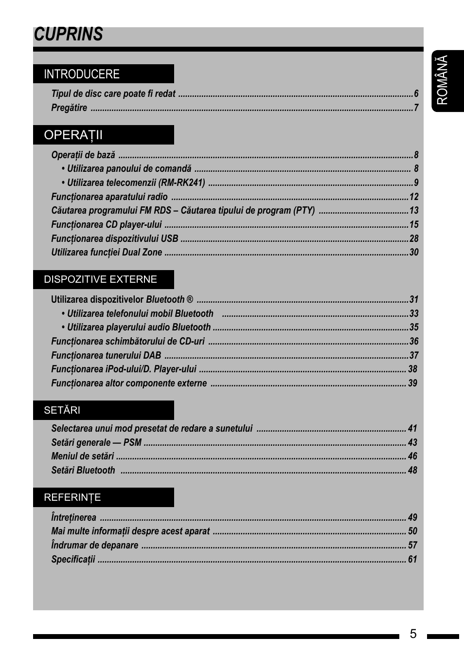 Cuprins, Ro m â n | JVC KD-DV7301 User Manual | Page 5 / 63