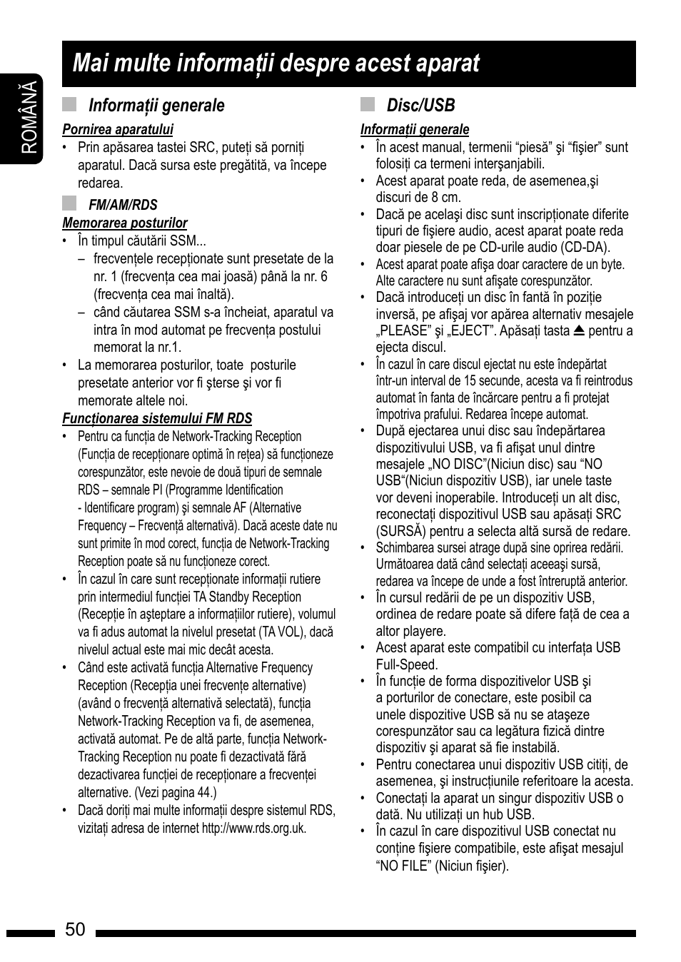 More about this unit, Mai multe informa#ii despre acest aparat, Ro m â n | En g l is h, How to reset your unit, How to forcibly eject a disc, En g l is h 50 general, Fm/am/rds, Disc/usb | JVC KD-DV7301 User Manual | Page 50 / 63