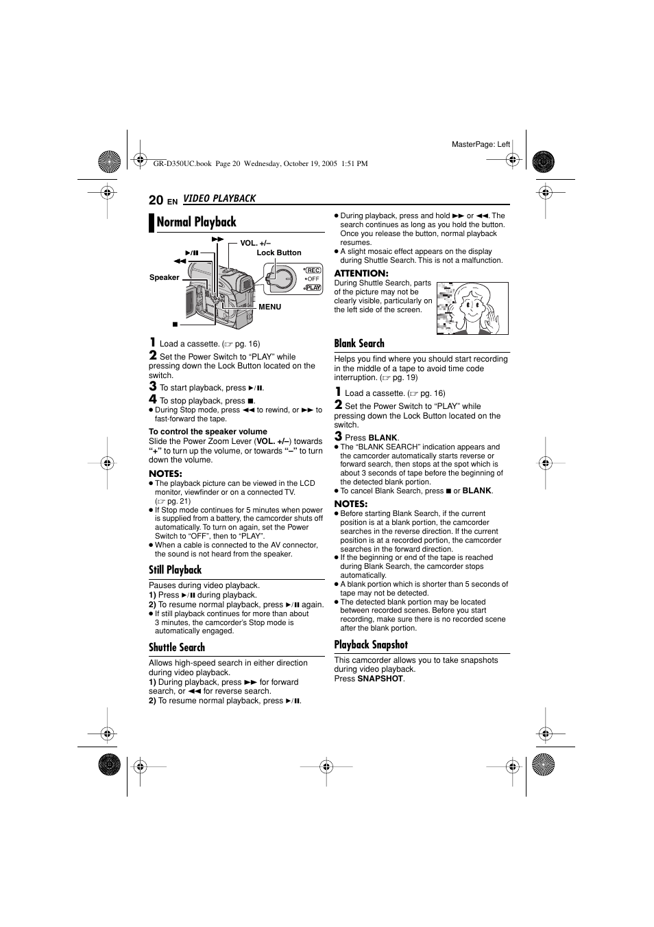 Video playback, Normal playback, Still playback | 20 shuttle search, 20 blank search, 20 playback snapshot, Pg. 20), Blank search button [blank, Er (੬ pg. 20), Blank search indicator | JVC 1105ASR-NF-VM User Manual | Page 20 / 44