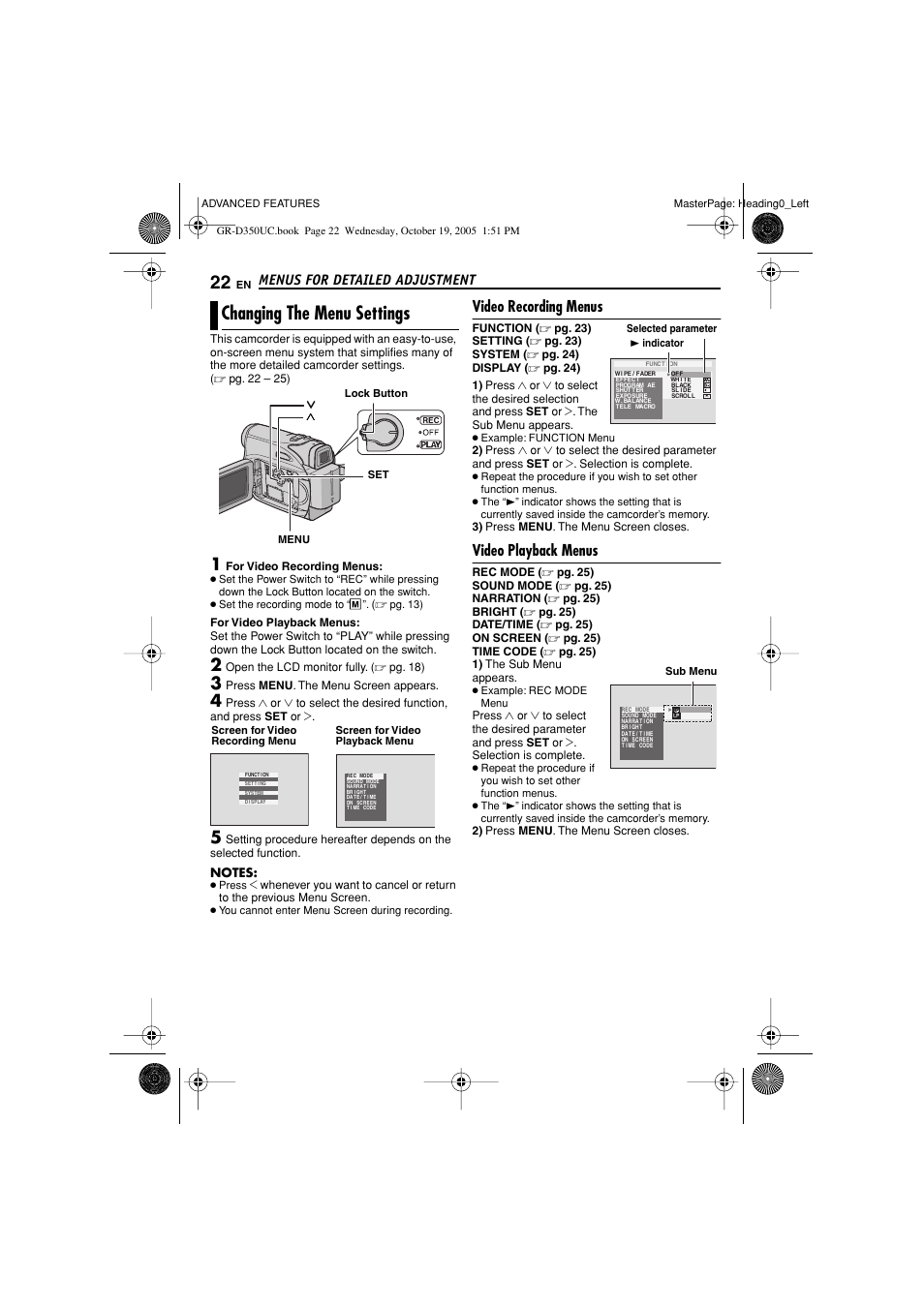 Advanced features, Menus for detailed adjustment, Pg. 22, 25) | Changing the menu settings, Pg. 22), U button [menu, Pg. 22, 24), Pg. 22, 24, Video recording menus, Video playback menus | JVC 1105ASR-NF-VM User Manual | Page 22 / 44