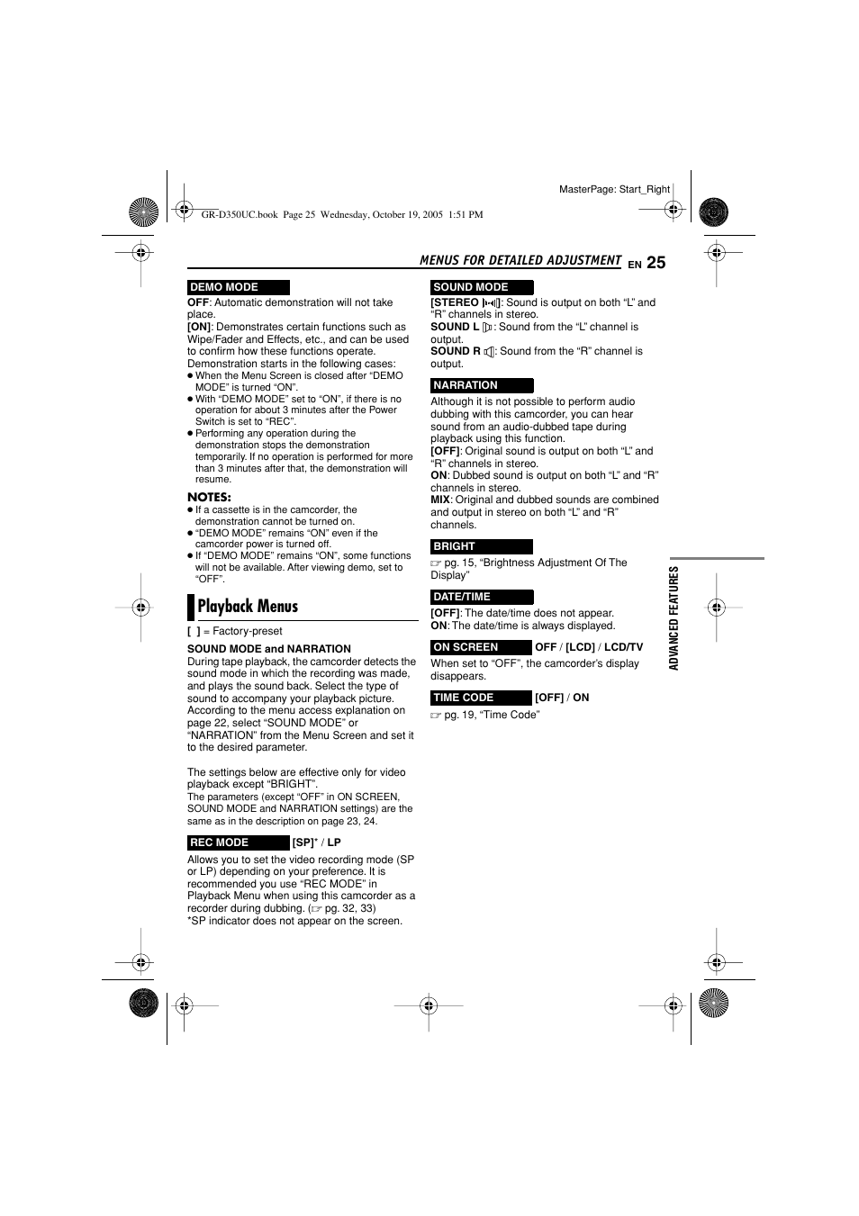 Playback menus, Rec mode, Pg. 25) | Sound mode, Tion, Bright, Te/time, On screen, Time code | JVC 1105ASR-NF-VM User Manual | Page 25 / 44
