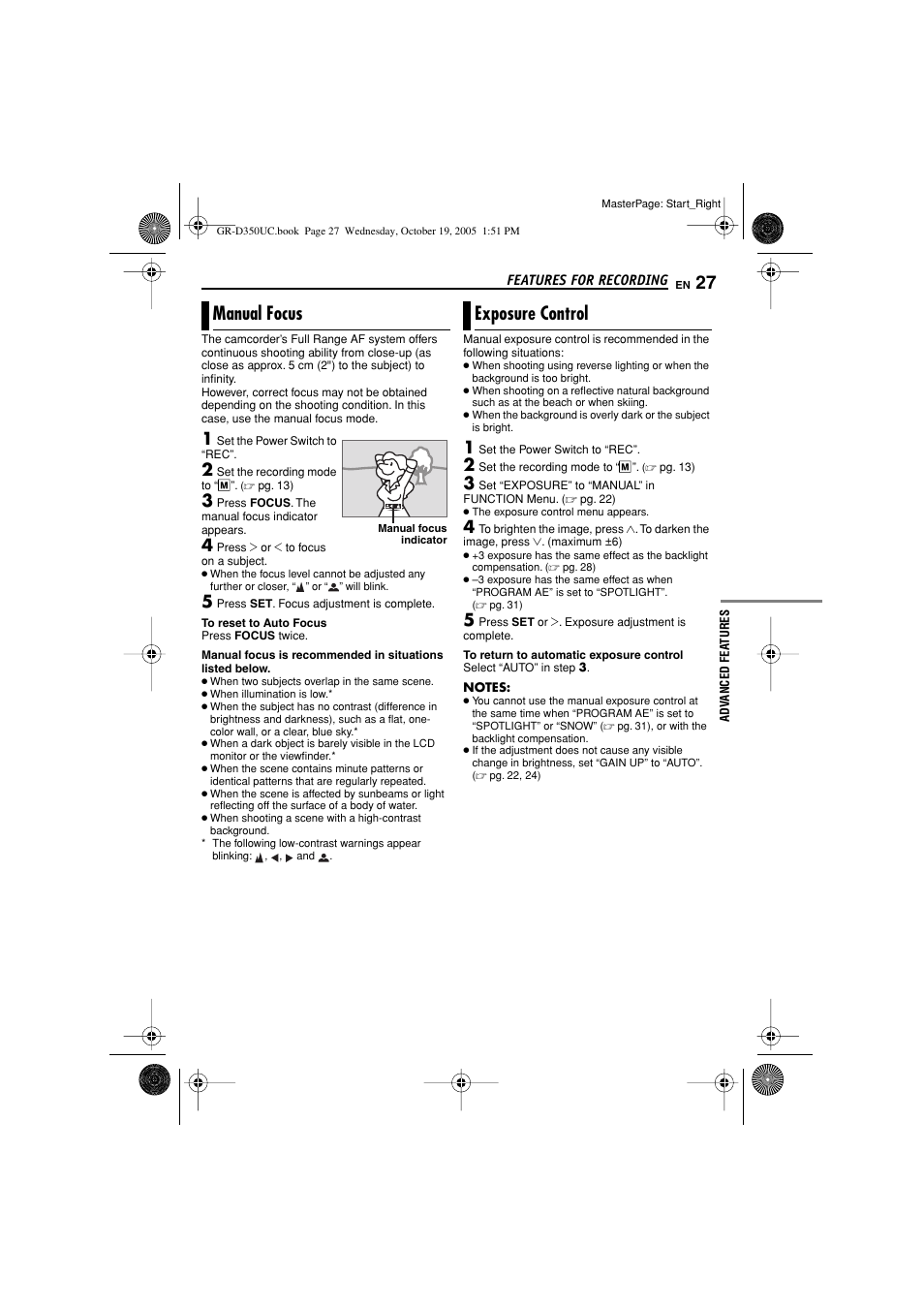 Pg. 27, exposure control), Manual focus, 27 exposure control | Ocus button [focus, Pg. 27), Exposure adjustment indicator, Pg. 27), then z, Exposure control | JVC 1105ASR-NF-VM User Manual | Page 27 / 44