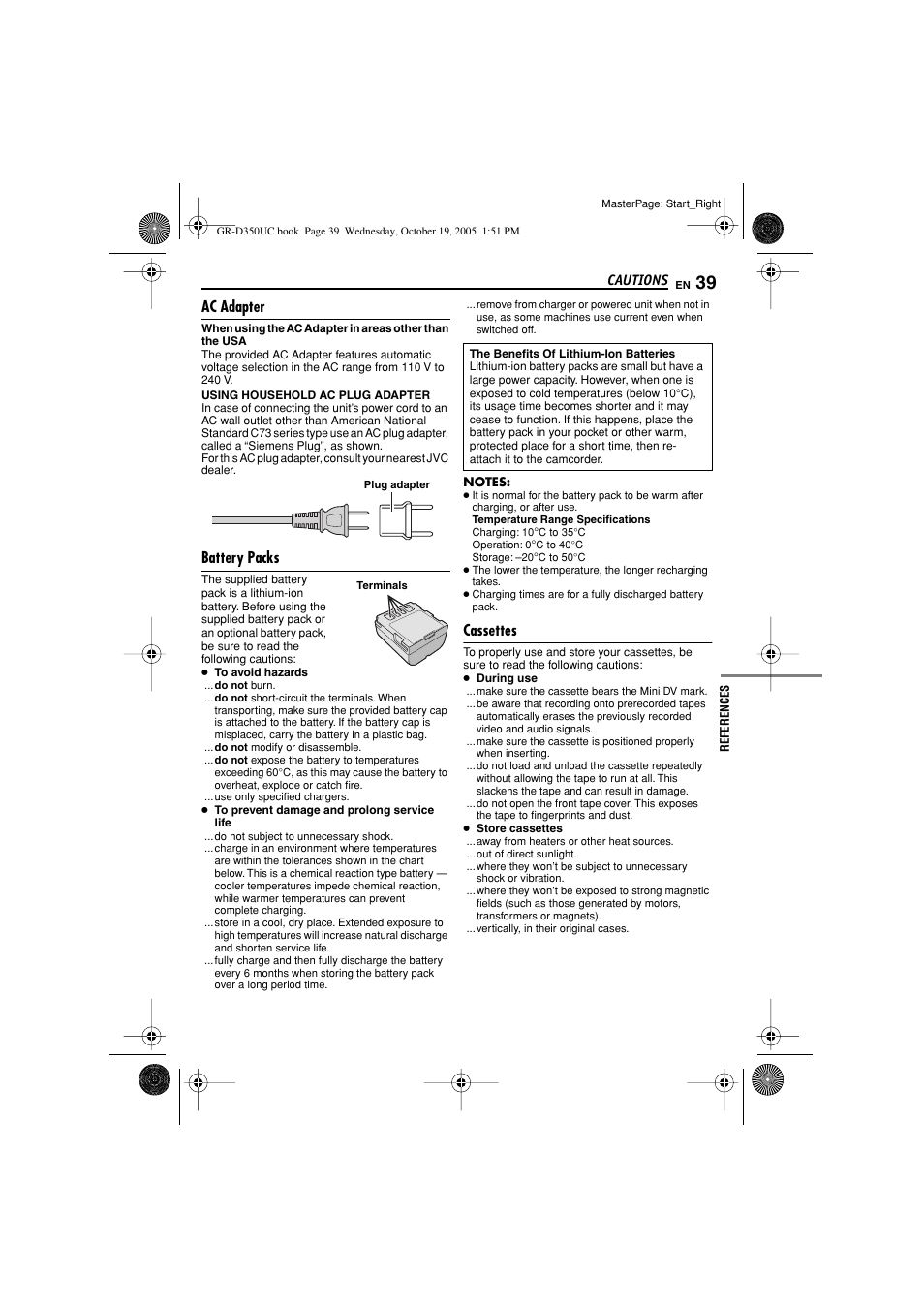 Cautions, Pg. 39), Ac adapter | Battery packs, Cassettes | JVC 1105ASR-NF-VM User Manual | Page 39 / 44
