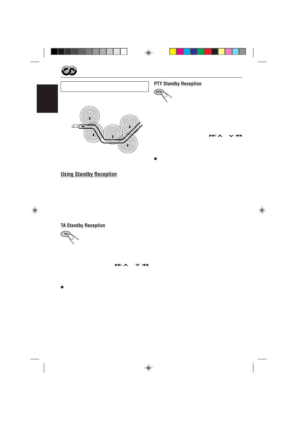 Using standby reception, English, Pty standby reception | Ta standby reception | JVC CD Receiver KD-SH99R User Manual | Page 12 / 50