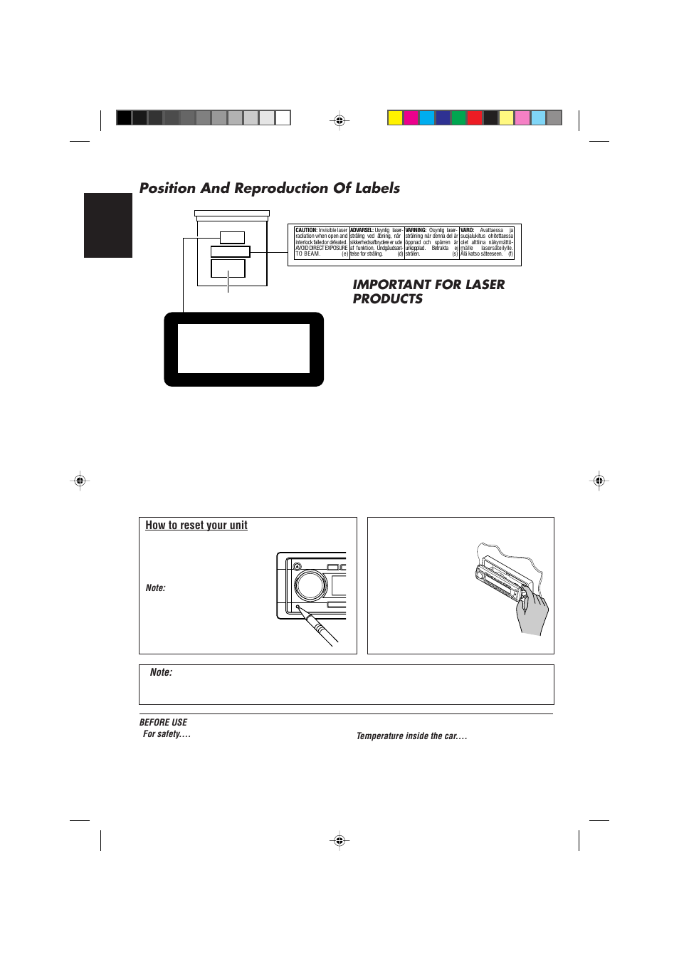 How to reset your unit, Position and reproduction of labels, Important for laser products | English, Class laser 1 product | JVC CD Receiver KD-SH99R User Manual | Page 2 / 50