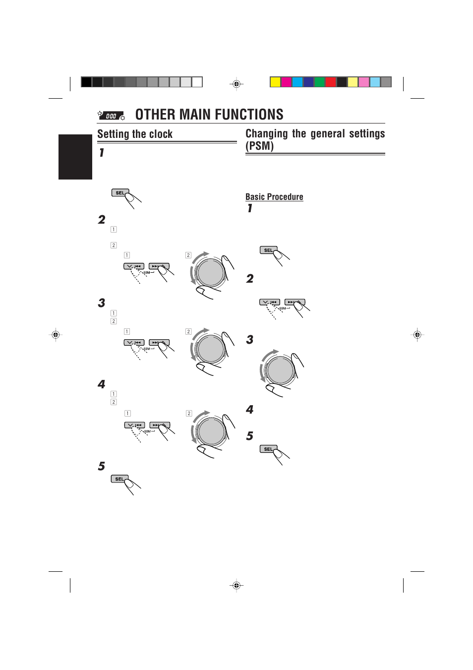 Other main functions, Setting the clock, Changing the general settings (psm) | Setting the clock 1 | JVC CD Receiver KD-SH99R User Manual | Page 30 / 50