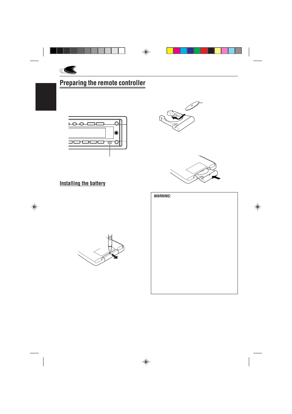 Preparing the remote controller, Installing the battery | JVC CD Receiver KD-SH99R User Manual | Page 6 / 50