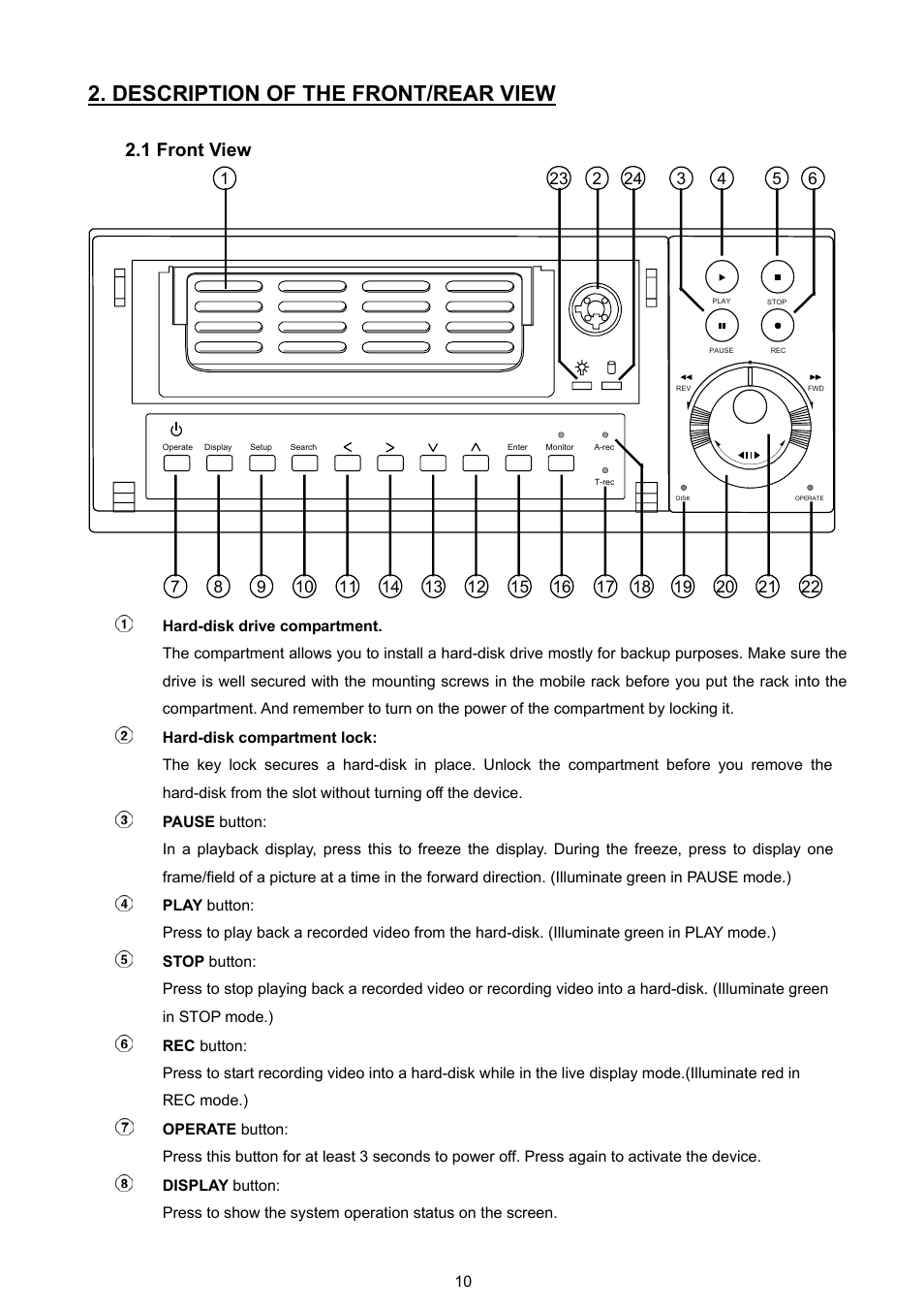 Description of the front/rear view, 1 front view | JVC VR 601 User Manual | Page 10 / 81