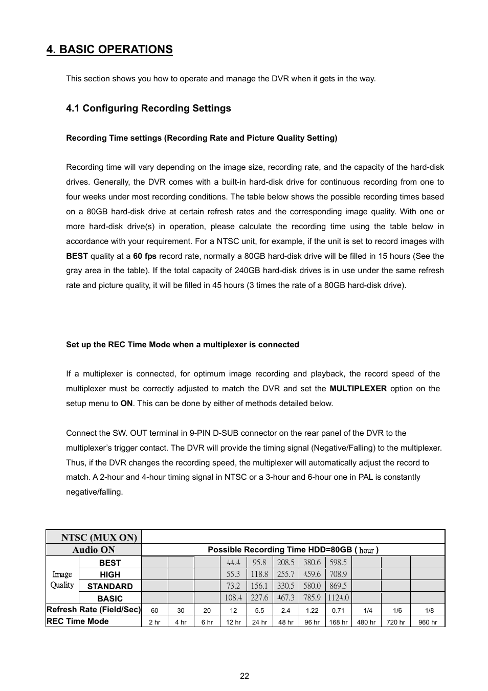 Basic operations, 1 configuring recording settings, Ntsc (mux on) audio on | JVC VR 601 User Manual | Page 22 / 81