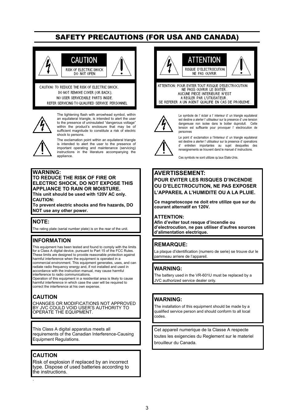 Safety precautions (for usa and canada), Avertissement | JVC VR 601 User Manual | Page 3 / 81