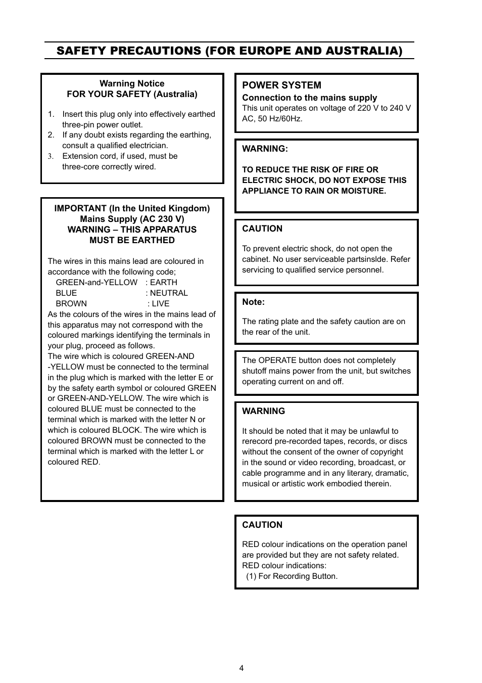 Safety precautions (for europe and australia) | JVC VR 601 User Manual | Page 4 / 81