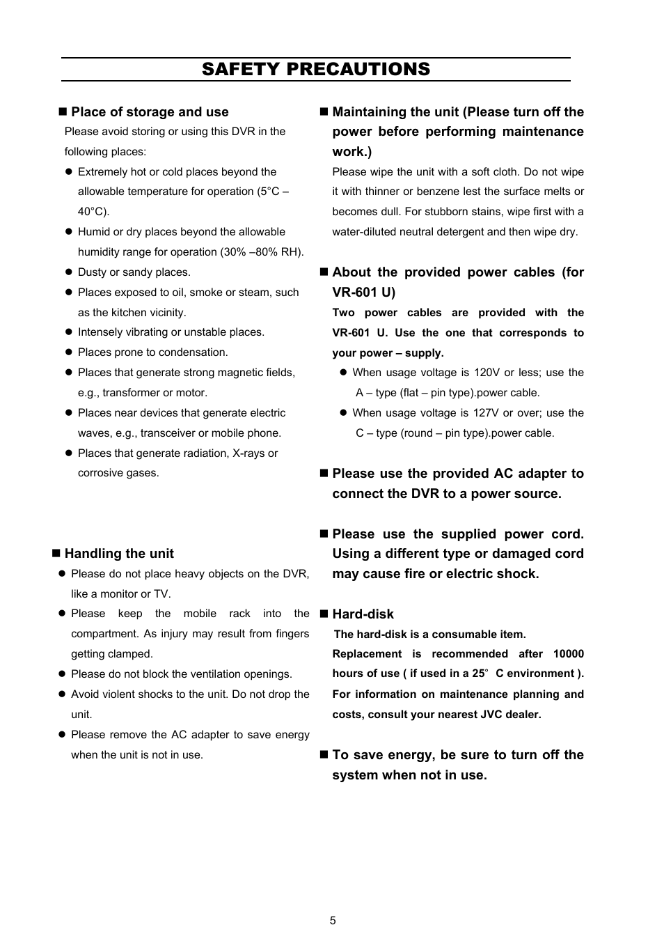 Safety precautions | JVC VR 601 User Manual | Page 5 / 81