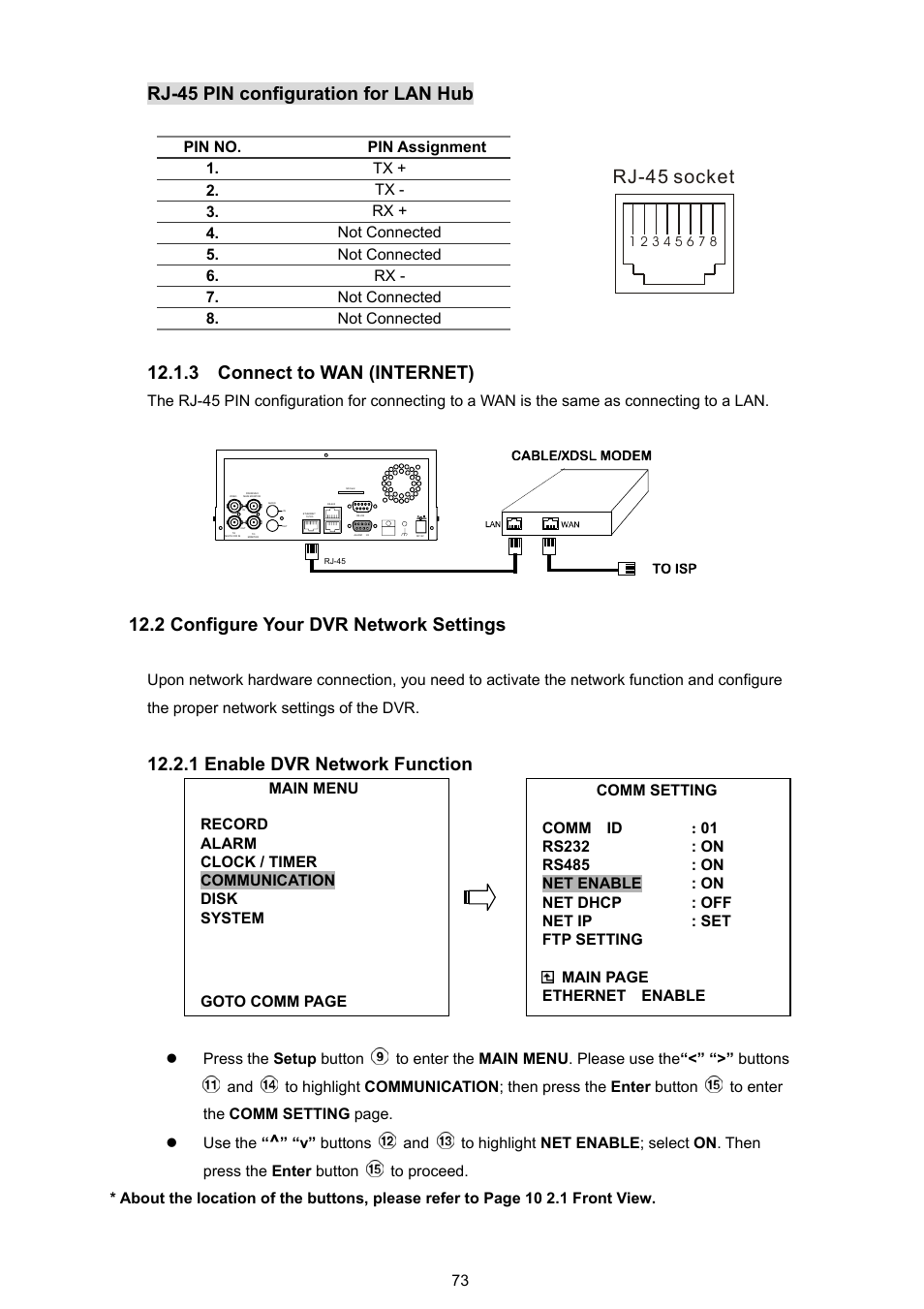 Rj-45 pin configuration for lan hub, 2 configure your dvr network settings, 1 enable dvr network function | JVC VR 601 User Manual | Page 73 / 81