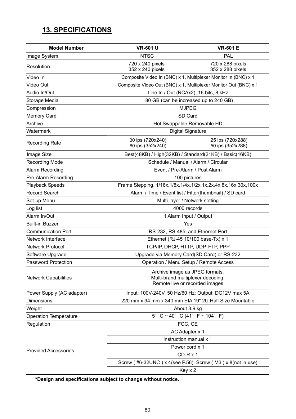 Specifications | JVC VR 601 User Manual | Page 80 / 81