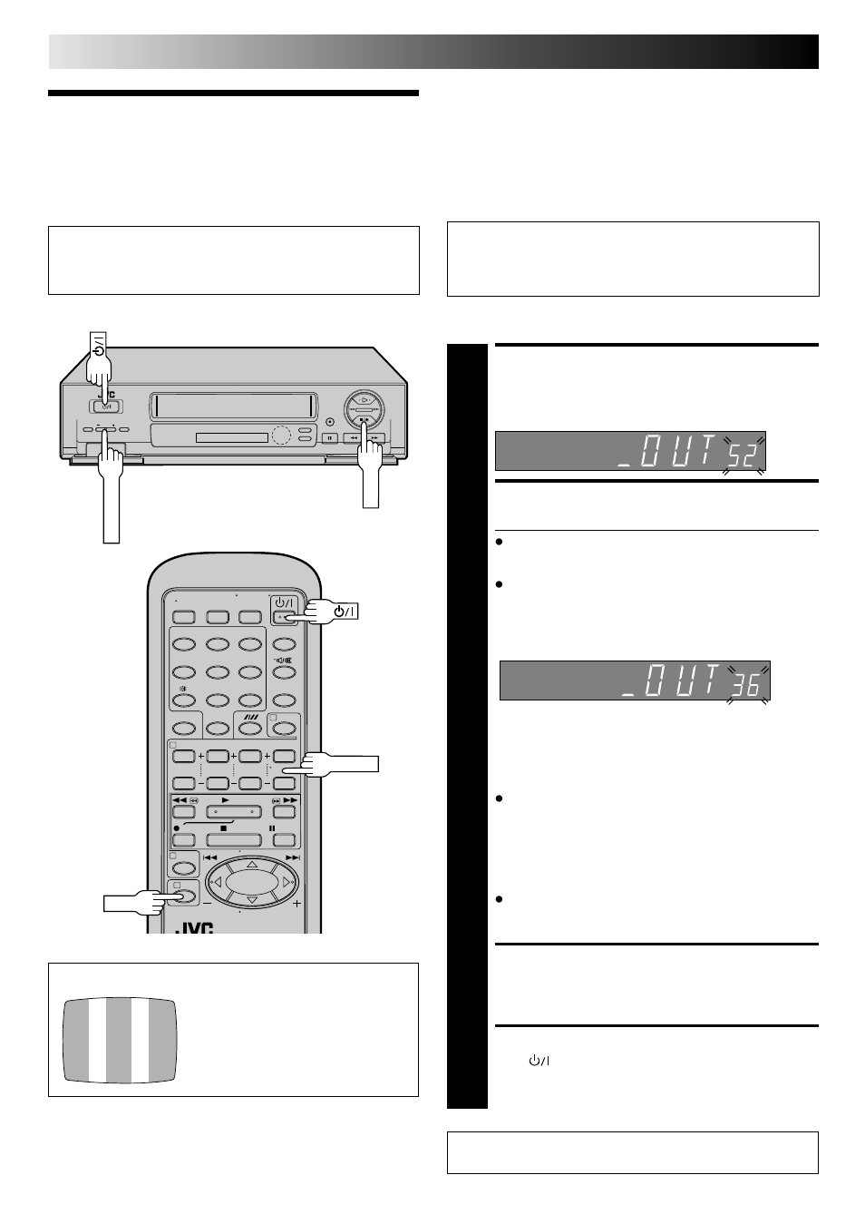 Video channel set, Initial settings, With rf connection | Access video channel set mode, Set video channel, Exit video channel set mode, Turn off the recorder | JVC HR-J645ES User Manual | Page 6 / 56