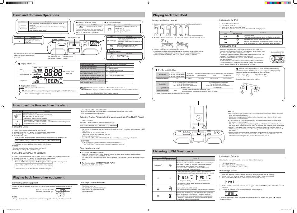 Basic and common operations, How to set the time and use the alarm, Playing back from other equipment | Playing back from ipod, Listening to fm broadcasts | JVC RA-P11BK User Manual | Page 2 / 2